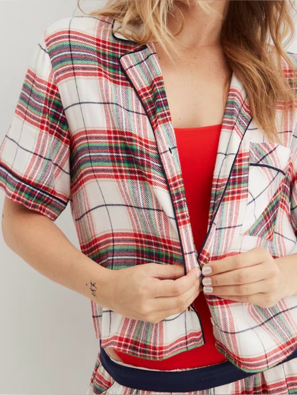 aerie Flannel Red White Pajama Shirt Plaid Short Sleeve Button Down Shirt L